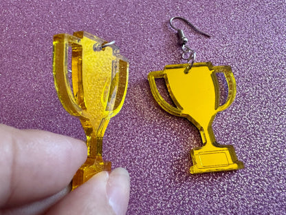 Trophy Earrings: Laser Cut Acrylic Trophies, Golden Trophy, First Place, Winner, Medal, Competition, Contest, Best Gifts for Her/Him/Them