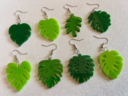 Tropical Leaf Earrings: Laser Cut Acrylic Leaves, Green Earrings, Plants, Gifts for Her/Him/Them