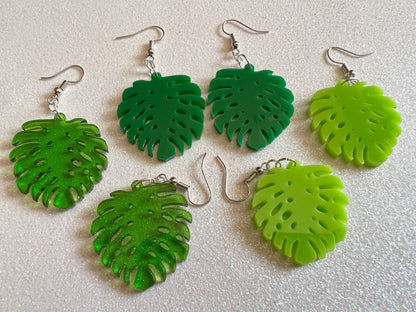 Tropical Leaf Earrings: Laser Cut Acrylic Leaves, Green Earrings, Plants, Gifts for Her/Him/Them