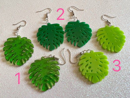 Tropical Leaf Earrings: Laser Cut Acrylic Leaves, Green Earrings, Plants, Gifts for Her/Him/Them