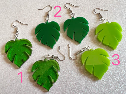 Tropical Leaf Earrings: Laser Cut Acrylic Leaves, Green Earrings, Plants, Gifts for Her/Him/Them