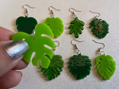 Tropical Leaf Earrings: Laser Cut Acrylic Leaves, Green Earrings, Plants, Gifts for Her/Him/Them