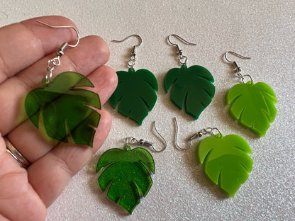Tropical Leaf Earrings: Laser Cut Acrylic Leaves, Green Earrings, Plants, Gifts for Her/Him/Them