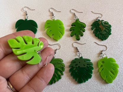 Tropical Leaf Earrings: Laser Cut Acrylic Leaves, Green Earrings, Plants, Gifts for Her/Him/Them
