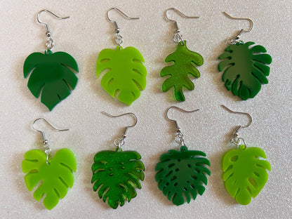 Tropical Leaf Earrings: Laser Cut Acrylic Leaves, Green Earrings, Plants, Gifts for Her/Him/Them