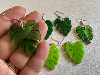 Tropical Leaf Earrings: Laser Cut Acrylic Leaves, House Plant, Monstera, Lush Green Earrings, Plants, Palm Tree, Gifts for Her/Him/Them