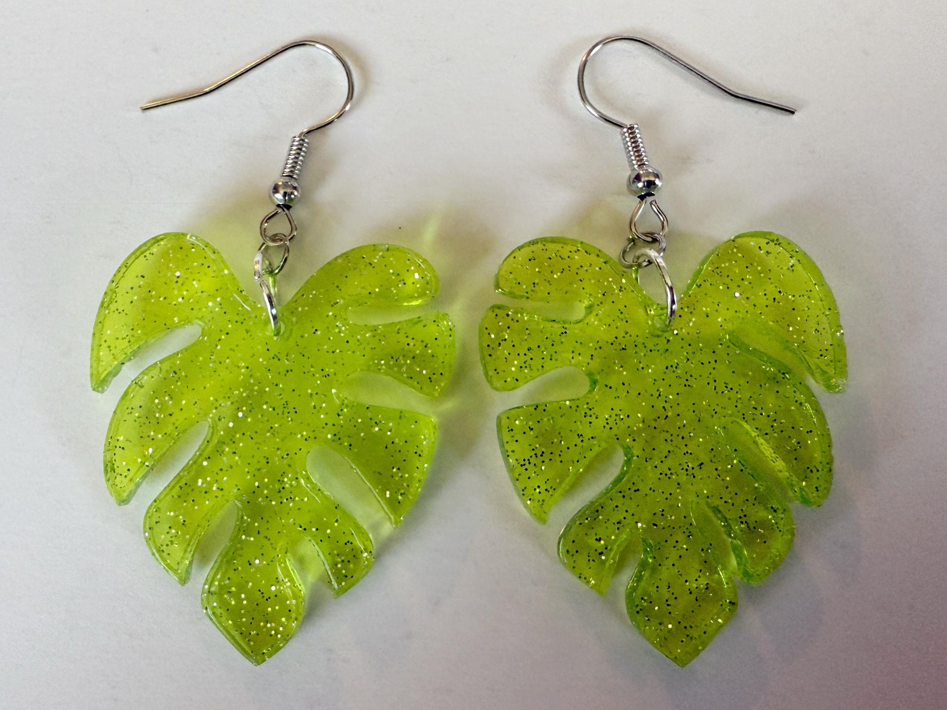 Tropical Leaf Earrings: Laser Cut Acrylic Leaves, House Plant, Monstera, Lush Green Earrings, Plants, Sparkly, Best Gifts for Her/Him/Them