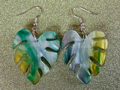 Tropical Leaf Earrings: Laser Cut Acrylic Leaves, House Plant, Monstera, Lush Green Earrings, Plants, Sparkly, Best Gifts for Her/Him/Them