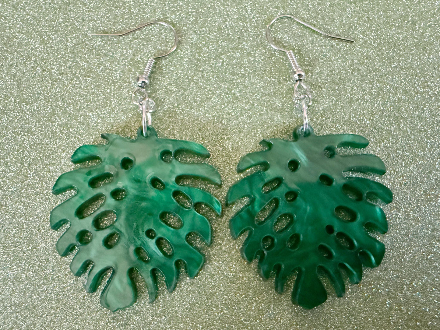 Tropical Leaf Earrings: Laser Cut Acrylic Leaves, House Plant, Monstera, Lush Green Earrings, Plants, Sparkly, Best Gifts for Her/Him/Them
