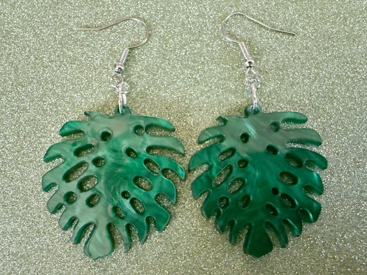 Tropical Leaf Earrings: Laser Cut Acrylic Leaves, House Plant, Monstera, Lush Green Earrings, Plants, Sparkly, Best Gifts for Her/Him/Them