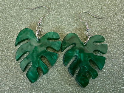 Tropical Leaf Earrings: Laser Cut Acrylic Leaves, House Plant, Monstera, Lush Green Earrings, Plants, Sparkly, Best Gifts for Her/Him/Them