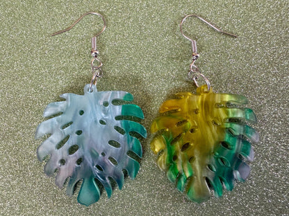 Tropical Leaf Earrings: Laser Cut Acrylic Leaves, House Plant, Monstera, Lush Green Earrings, Plants, Sparkly, Best Gifts for Her/Him/Them