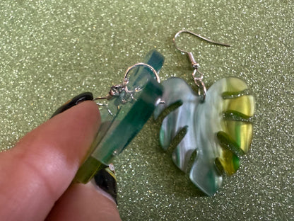 Tropical Leaf Earrings: Laser Cut Acrylic Leaves, House Plant, Monstera, Lush Green Earrings, Plants, Sparkly, Best Gifts for Her/Him/Them
