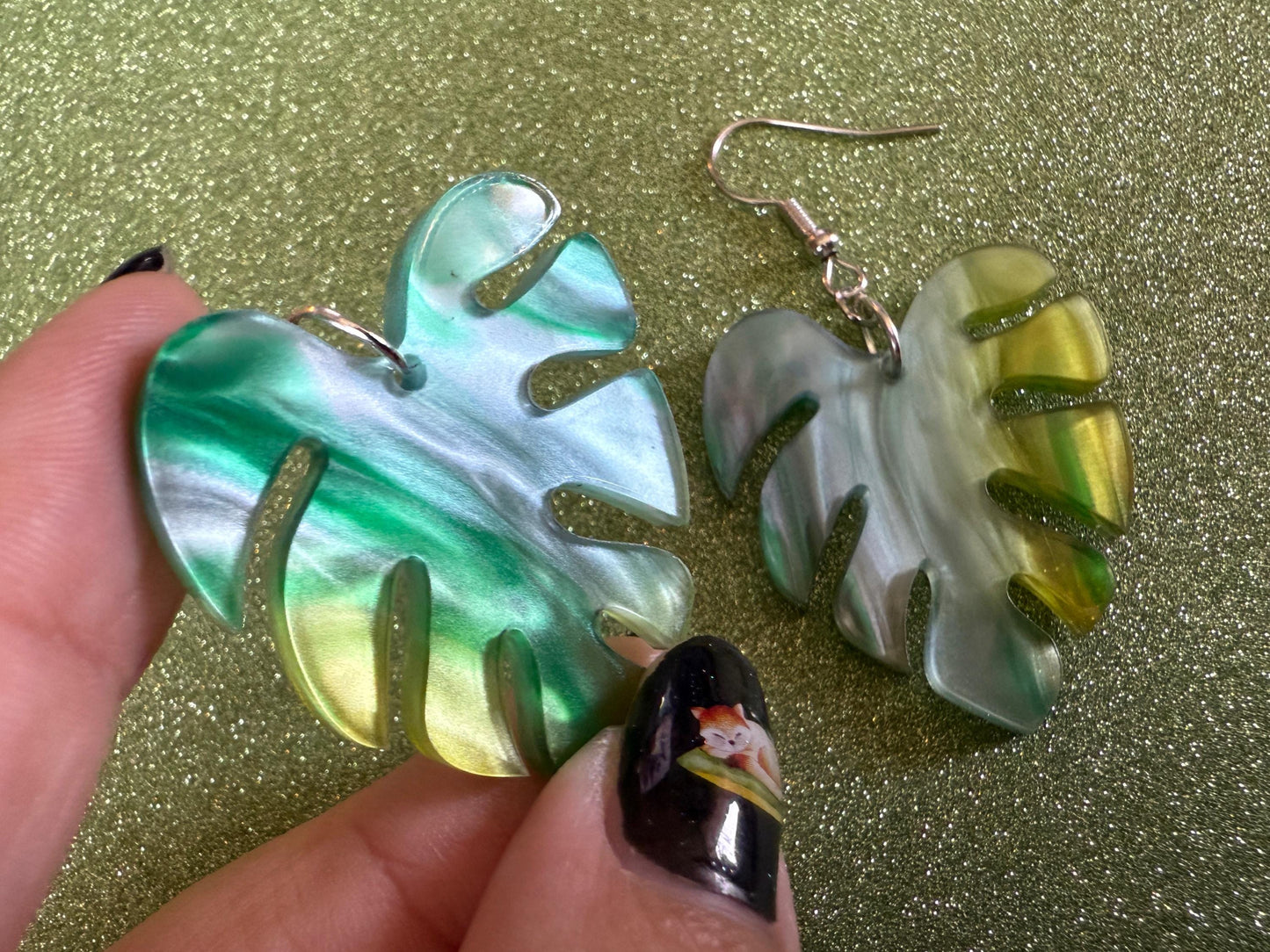 Tropical Leaf Earrings: Laser Cut Acrylic Leaves, House Plant, Monstera, Lush Green Earrings, Plants, Sparkly, Best Gifts for Her/Him/Them