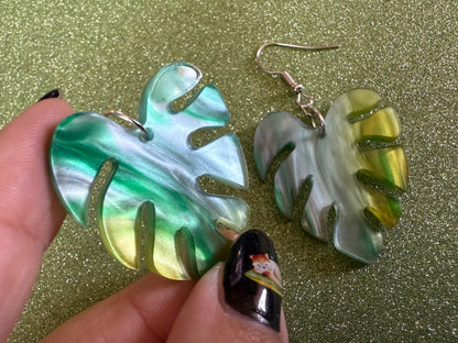 Tropical Leaf Earrings: Laser Cut Acrylic Leaves, House Plant, Monstera, Lush Green Earrings, Plants, Sparkly, Best Gifts for Her/Him/Them