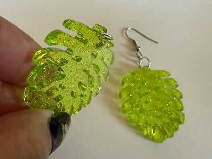 Tropical Leaf Earrings: Laser Cut Acrylic Leaves, House Plant, Monstera, Lush Green Earrings, Plants, Sparkly, Best Gifts for Her/Him/Them
