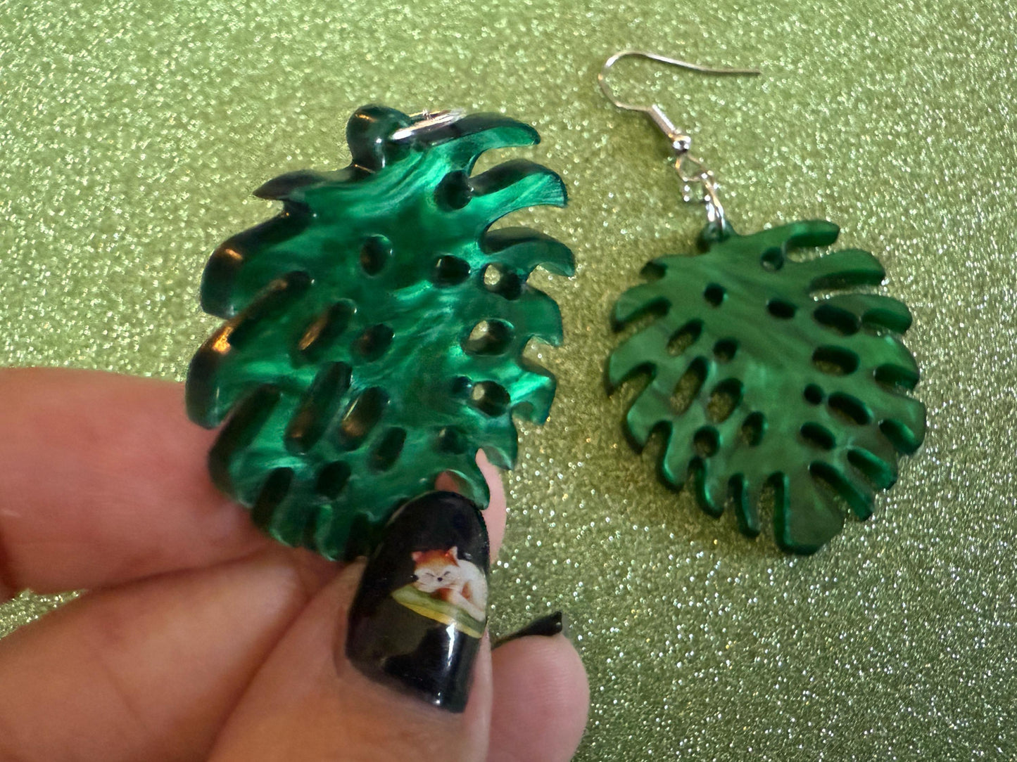 Tropical Leaf Earrings: Laser Cut Acrylic Leaves, House Plant, Monstera, Lush Green Earrings, Plants, Sparkly, Best Gifts for Her/Him/Them