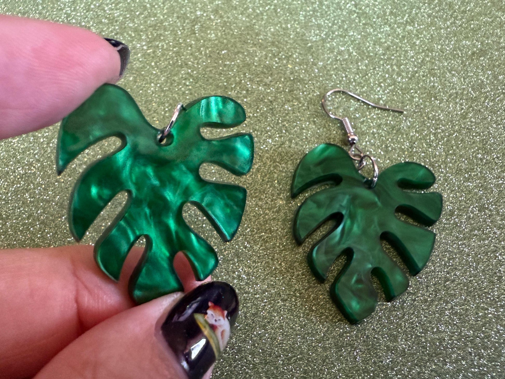 Tropical Leaf Earrings: Laser Cut Acrylic Leaves, House Plant, Monstera, Lush Green Earrings, Plants, Sparkly, Best Gifts for Her/Him/Them
