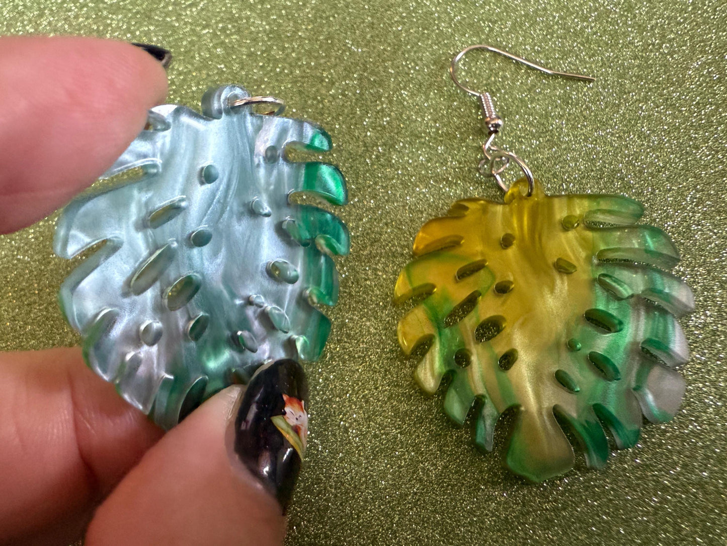 Tropical Leaf Earrings: Laser Cut Acrylic Leaves, House Plant, Monstera, Lush Green Earrings, Plants, Sparkly, Best Gifts for Her/Him/Them