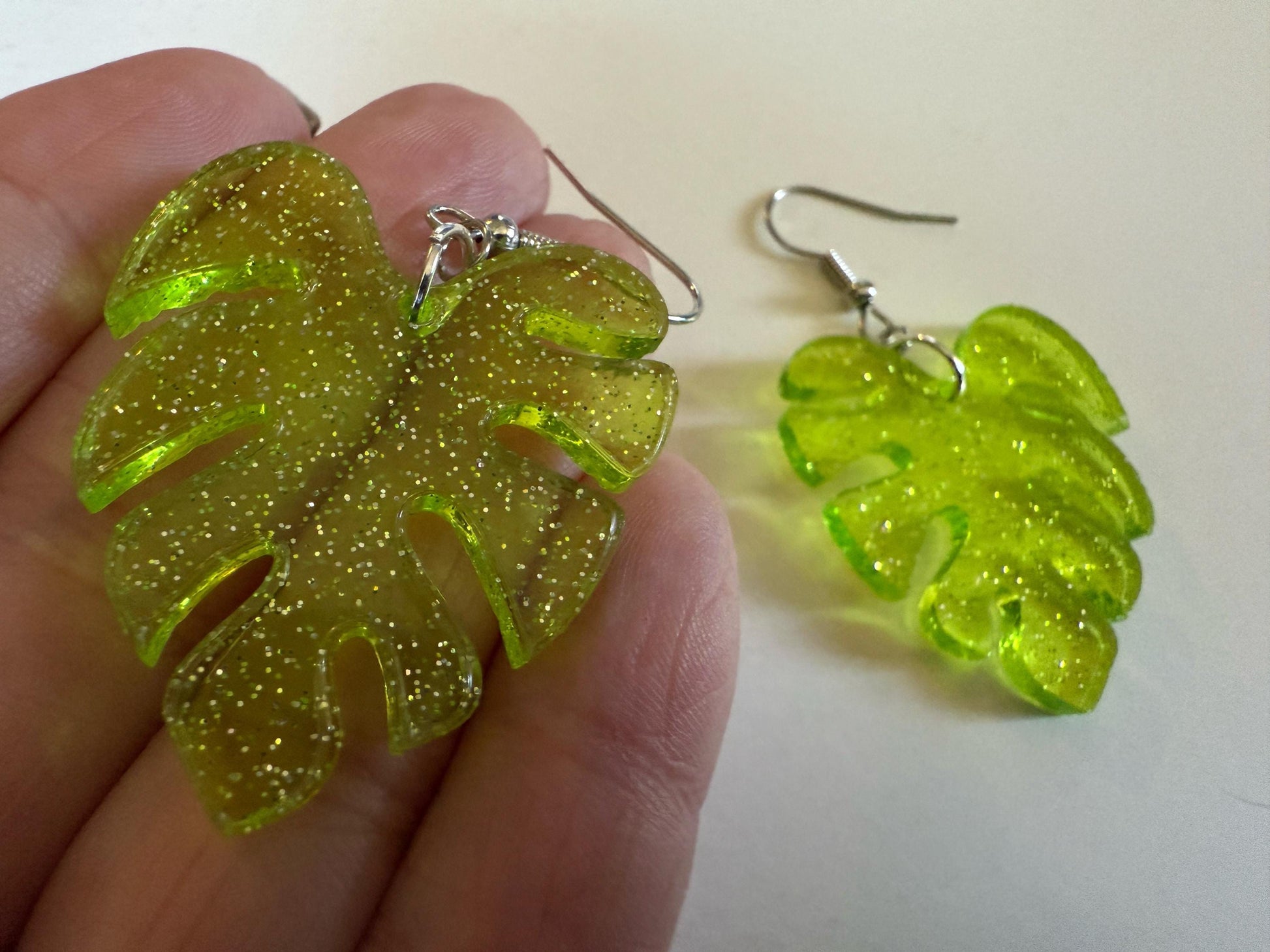 Tropical Leaf Earrings: Laser Cut Acrylic Leaves, House Plant, Monstera, Lush Green Earrings, Plants, Sparkly, Best Gifts for Her/Him/Them