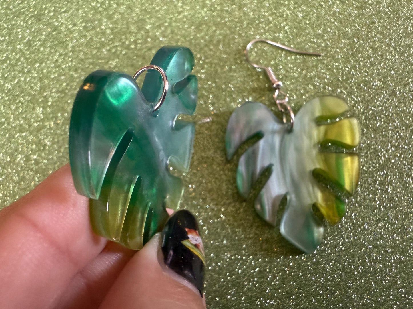 Tropical Leaf Earrings: Laser Cut Acrylic Leaves, House Plant, Monstera, Lush Green Earrings, Plants, Sparkly, Best Gifts for Her/Him/Them