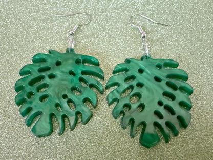 Tropical Leaf Earrings: Laser Cut Acrylic Leaves, House Plant, Monstera, Lush Green Earrings, Plants, Sparkly, Best Gifts for Her/Him/Them