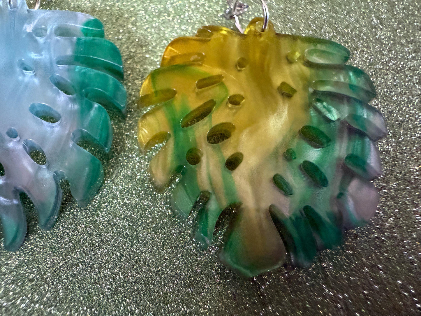Tropical Leaf Earrings: Laser Cut Acrylic Leaves, House Plant, Monstera, Lush Green Earrings, Plants, Sparkly, Best Gifts for Her/Him/Them