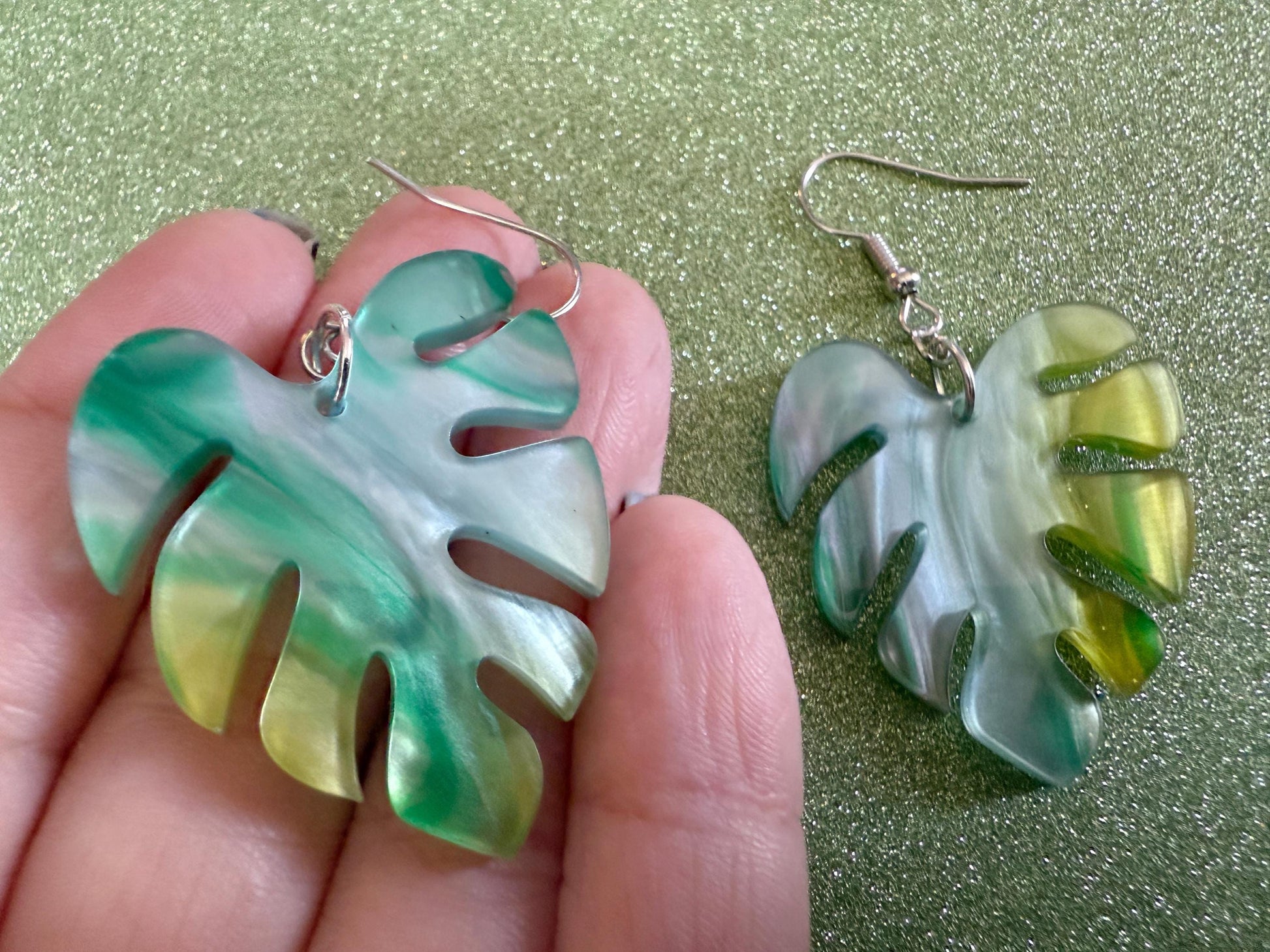 Tropical Leaf Earrings: Laser Cut Acrylic Leaves, House Plant, Monstera, Lush Green Earrings, Plants, Sparkly, Best Gifts for Her/Him/Them