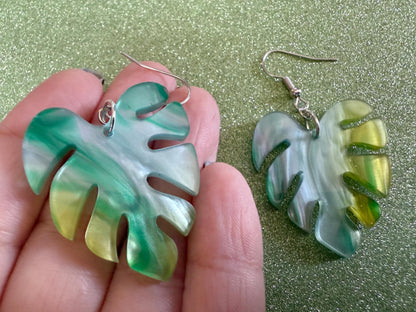 Tropical Leaf Earrings: Laser Cut Acrylic Leaves, House Plant, Monstera, Lush Green Earrings, Plants, Sparkly, Best Gifts for Her/Him/Them
