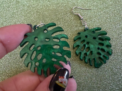 Tropical Leaf Earrings: Laser Cut Acrylic Leaves, House Plant, Monstera, Lush Green Earrings, Plants, Sparkly, Best Gifts for Her/Him/Them