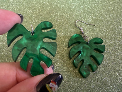 Tropical Leaf Earrings: Laser Cut Acrylic Leaves, House Plant, Monstera, Lush Green Earrings, Plants, Sparkly, Best Gifts for Her/Him/Them