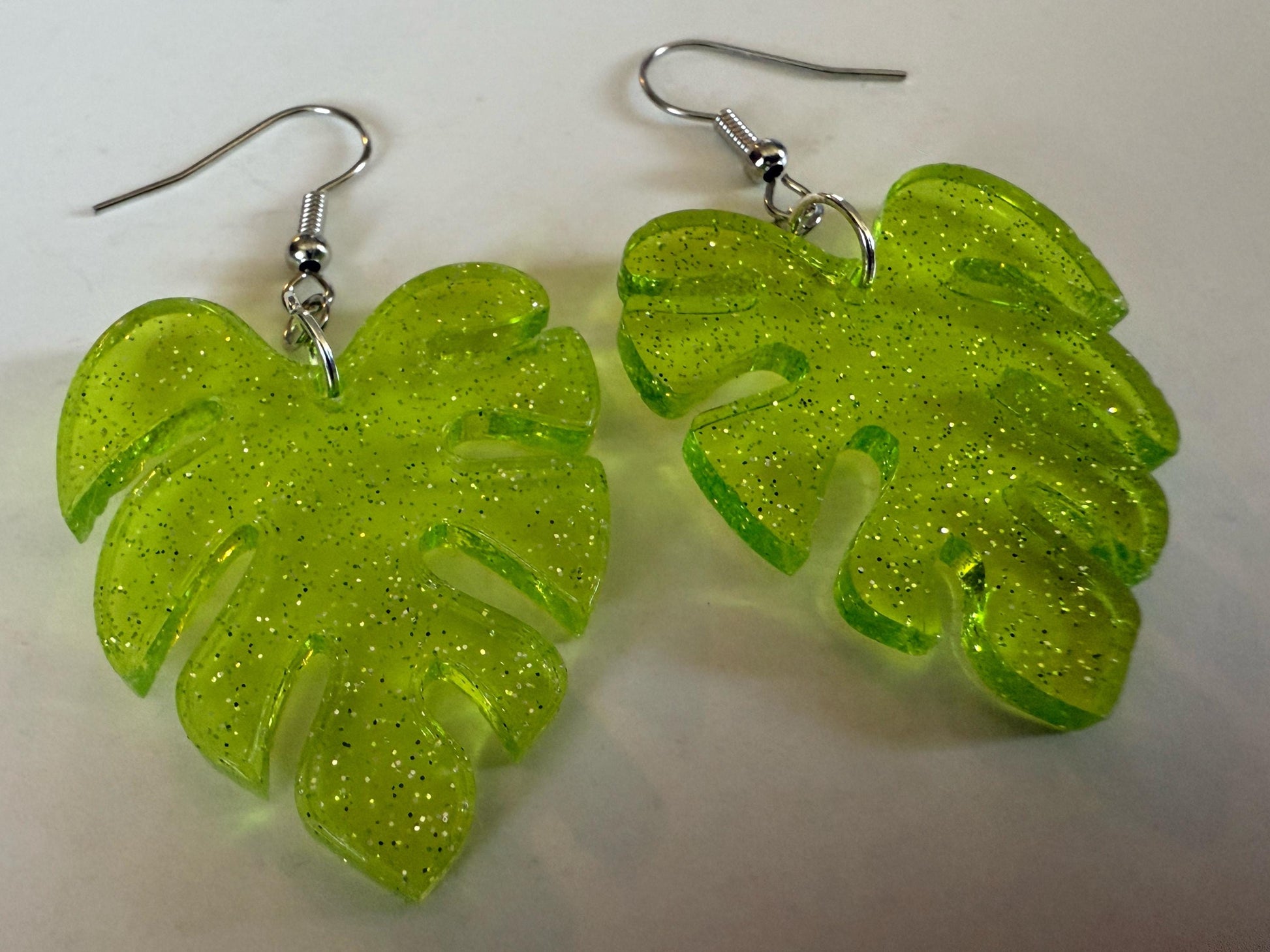 Tropical Leaf Earrings: Laser Cut Acrylic Leaves, House Plant, Monstera, Lush Green Earrings, Plants, Sparkly, Best Gifts for Her/Him/Them