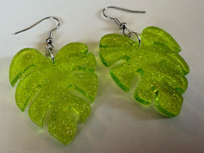 Tropical Leaf Earrings: Laser Cut Acrylic Leaves, House Plant, Monstera, Lush Green Earrings, Plants, Sparkly, Best Gifts for Her/Him/Them