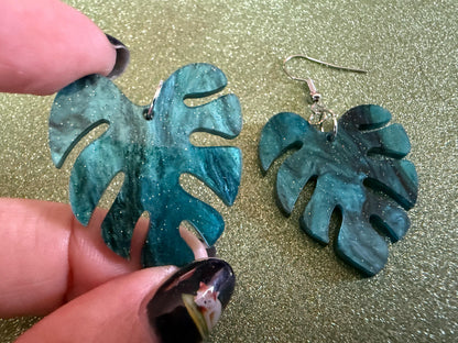 Tropical Leaf Earrings: Laser Cut Acrylic Leaves, House Plant, Monstera, Lush Green Earrings, Plants, Sparkly, Best Gifts for Her/Him/Them