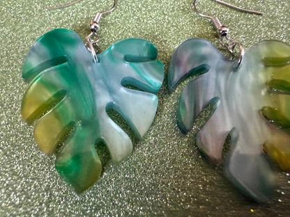 Tropical Leaf Earrings: Laser Cut Acrylic Leaves, House Plant, Monstera, Lush Green Earrings, Plants, Sparkly, Best Gifts for Her/Him/Them
