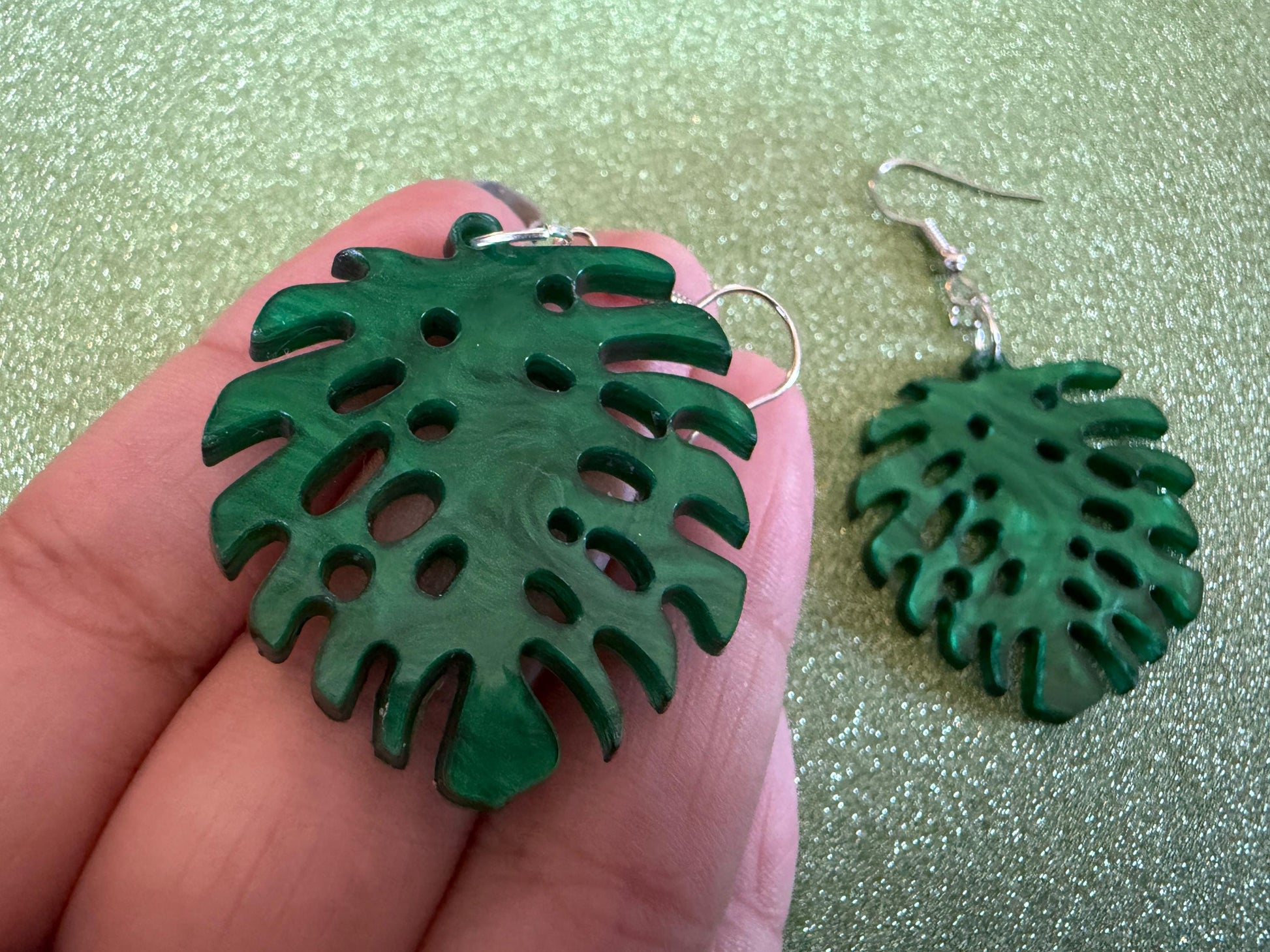 Tropical Leaf Earrings: Laser Cut Acrylic Leaves, House Plant, Monstera, Lush Green Earrings, Plants, Sparkly, Best Gifts for Her/Him/Them