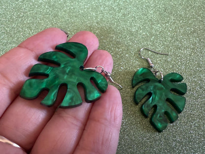 Tropical Leaf Earrings: Laser Cut Acrylic Leaves, House Plant, Monstera, Lush Green Earrings, Plants, Sparkly, Best Gifts for Her/Him/Them