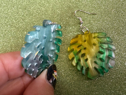 Tropical Leaf Earrings: Laser Cut Acrylic Leaves, House Plant, Monstera, Lush Green Earrings, Plants, Sparkly, Best Gifts for Her/Him/Them