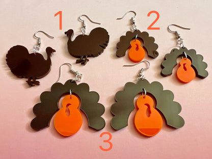 Turkey Earrings: Thanksgiving, Holiday, Laser Cut Acrylic Turkeys, Gifts for Her/Him/Them