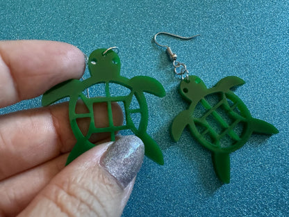 Turtle Earrings: Laser Cut Acrylic Turtles, Ocean Animals, Sea Creatures, Aquatic, Sea Turtles, Green Earrings, Best Gifts for Her/Him/Them