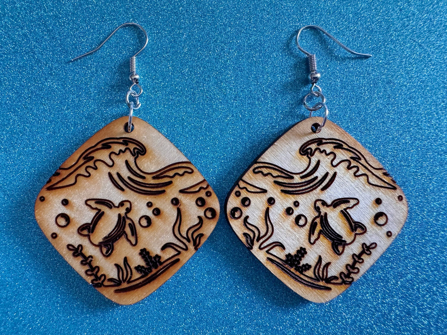 Turtle Earrings: Laser Cut Wooden Sea Creatures, Ocean, Hawaii, Green Sea Turtle, Diving, Divers, Aquatic, Best Gifts for Her/Him/Them