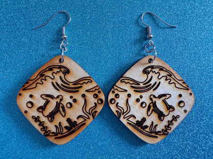 Turtle Earrings: Laser Cut Wooden Sea Creatures, Ocean, Hawaii, Green Sea Turtle, Diving, Divers, Aquatic, Best Gifts for Her/Him/Them