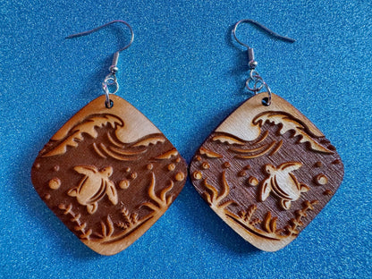 Turtle Earrings: Laser Cut Wooden Sea Creatures, Ocean, Hawaii, Green Sea Turtle, Diving, Divers, Aquatic, Best Gifts for Her/Him/Them
