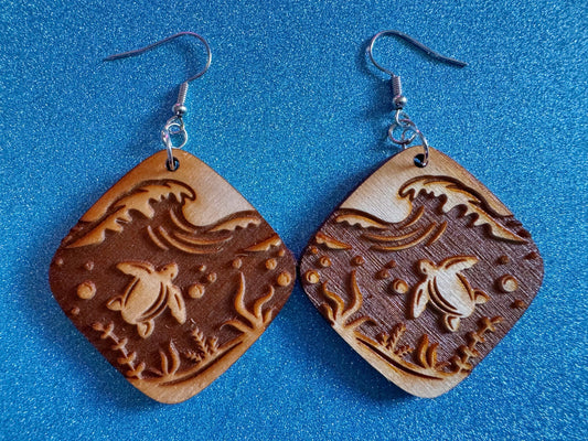 Turtle Earrings: Laser Cut Wooden Sea Creatures, Ocean, Hawaii, Green Sea Turtle, Diving, Divers, Aquatic, Best Gifts for Her/Him/Them