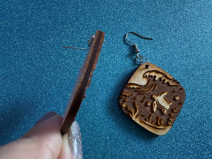 Turtle Earrings: Laser Cut Wooden Sea Creatures, Ocean, Hawaii, Green Sea Turtle, Diving, Divers, Aquatic, Best Gifts for Her/Him/Them