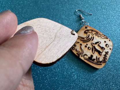 Turtle Earrings: Laser Cut Wooden Sea Creatures, Ocean, Hawaii, Green Sea Turtle, Diving, Divers, Aquatic, Best Gifts for Her/Him/Them