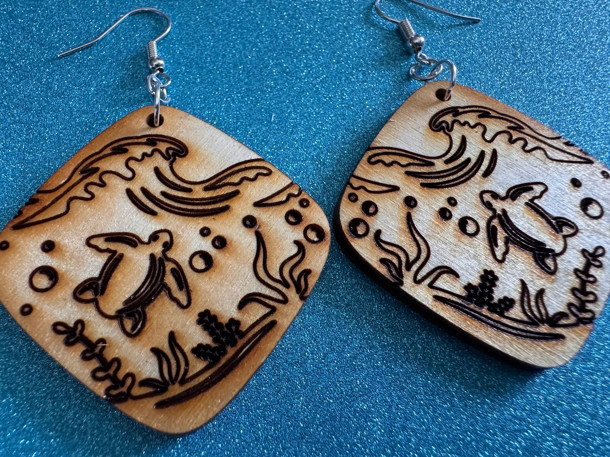 Turtle Earrings: Laser Cut Wooden Sea Creatures, Ocean, Hawaii, Green Sea Turtle, Diving, Divers, Aquatic, Best Gifts for Her/Him/Them