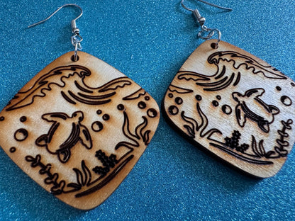 Turtle Earrings: Laser Cut Wooden Sea Creatures, Ocean, Hawaii, Green Sea Turtle, Diving, Divers, Aquatic, Best Gifts for Her/Him/Them