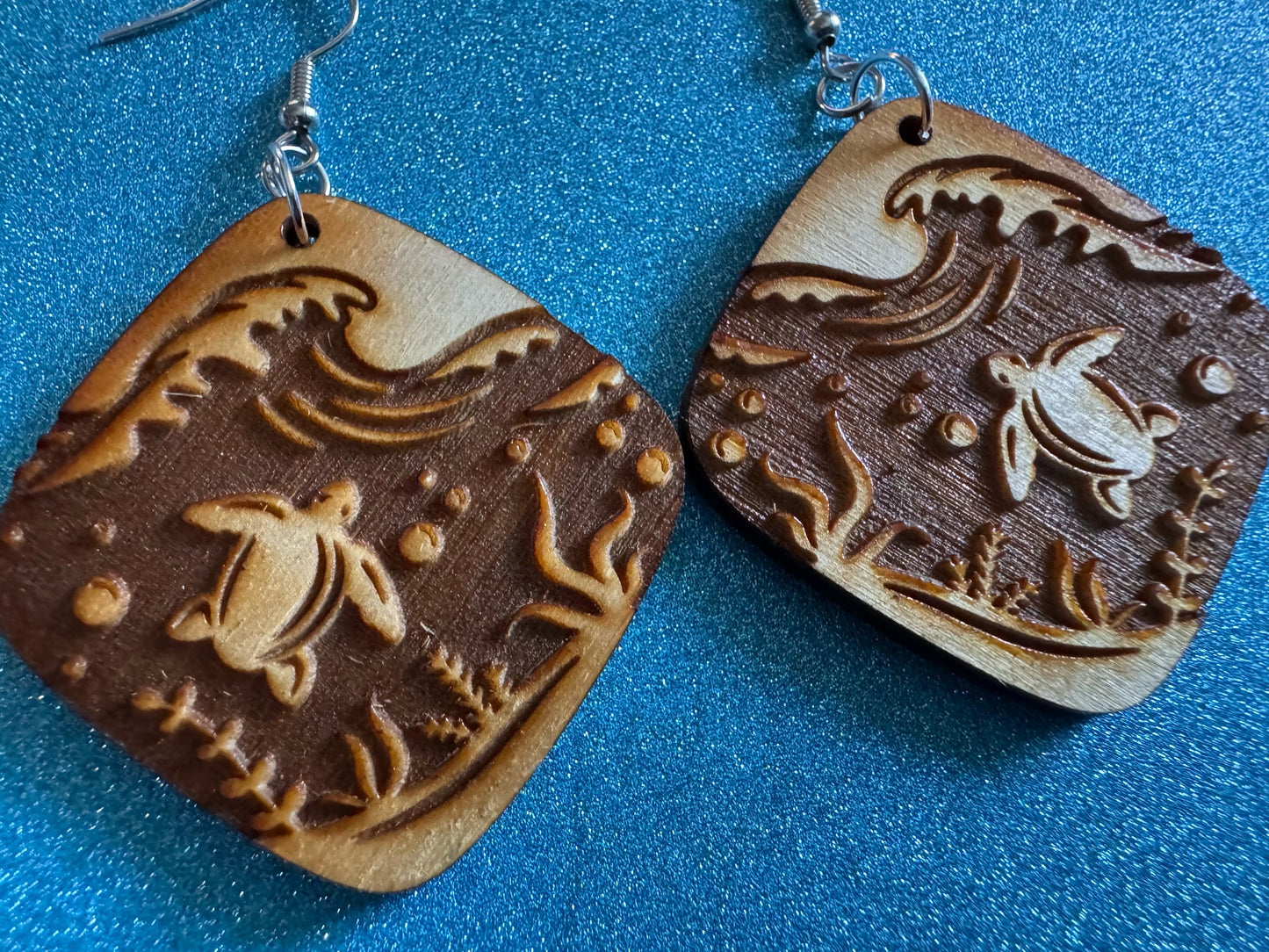 Turtle Earrings: Laser Cut Wooden Sea Creatures, Ocean, Hawaii, Green Sea Turtle, Diving, Divers, Aquatic, Best Gifts for Her/Him/Them