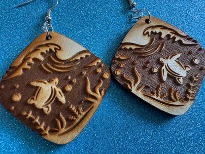Turtle Earrings: Laser Cut Wooden Sea Creatures, Ocean, Hawaii, Green Sea Turtle, Diving, Divers, Aquatic, Best Gifts for Her/Him/Them